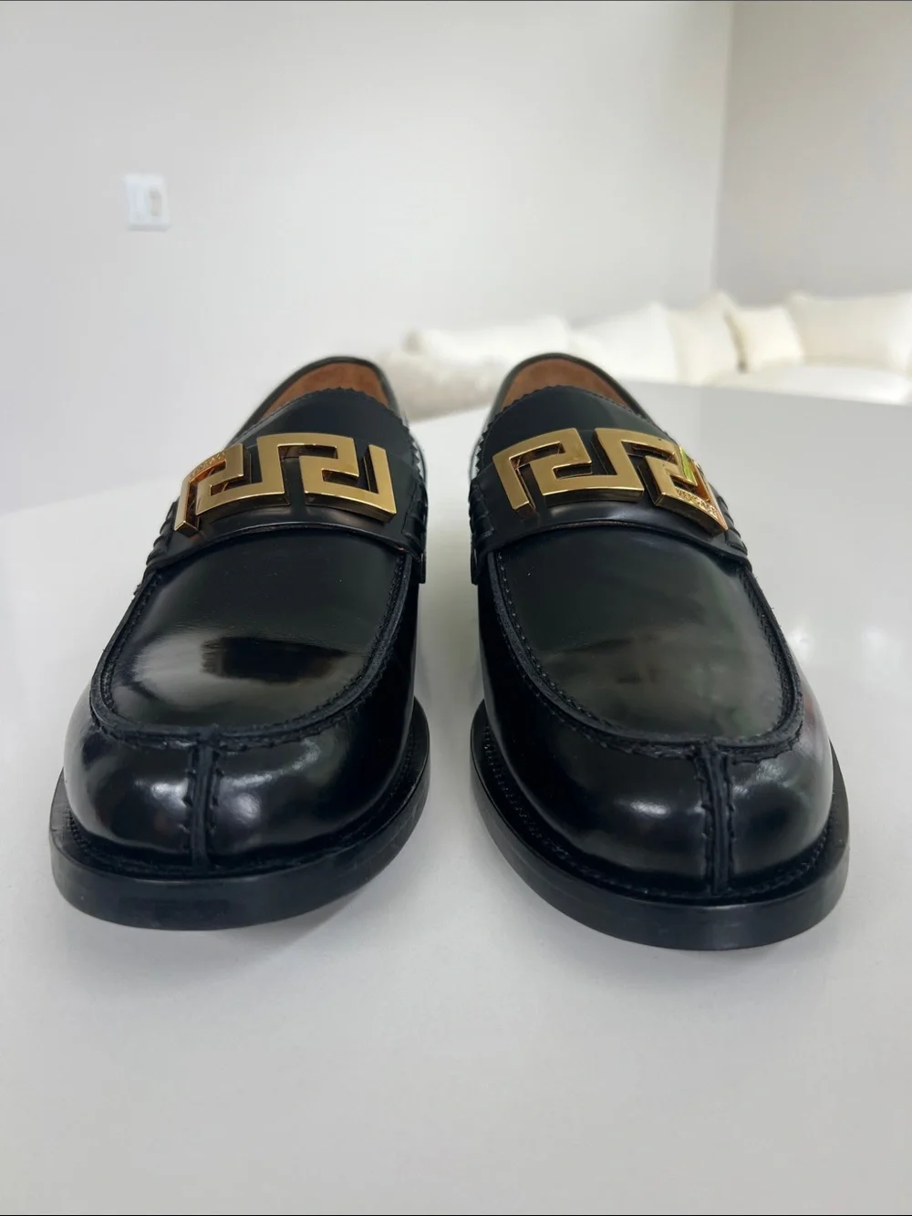 Versace black leather gold tone hardware loafers size 41